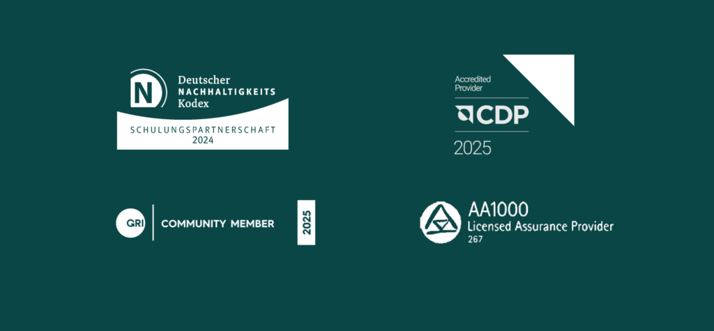 Logos der gewonnenen Preise der Beratung Response, DNK, CDP, GRI und AA1000 