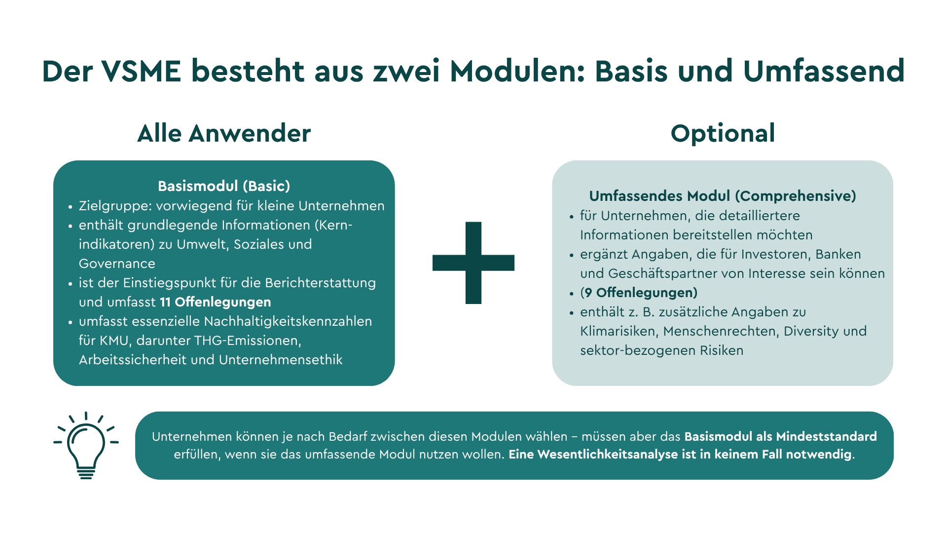 Infografik mit Erklärung zu den zwei Modulen des VSME ( Voluntary Sustainability Reporting Standard for non-listed SMEs)