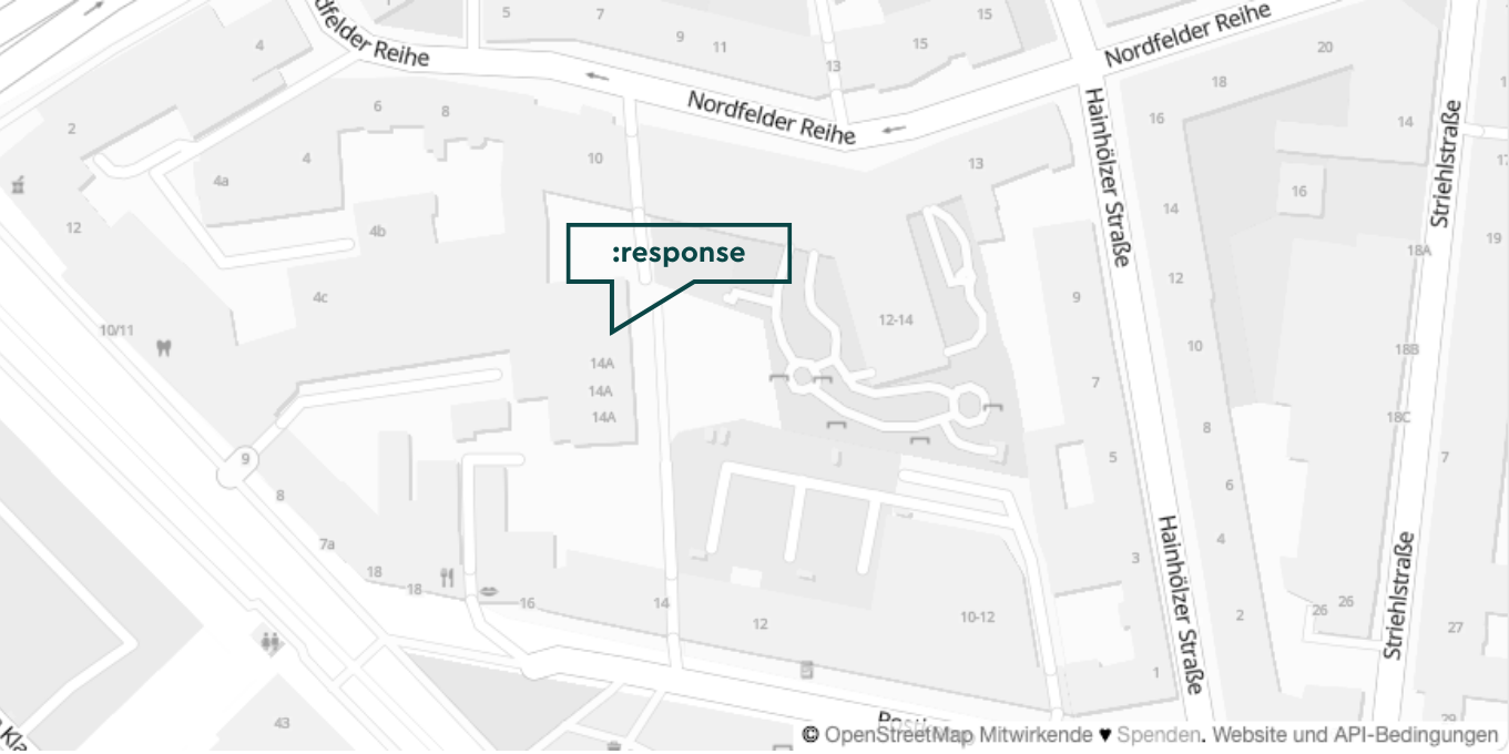 Screenshot einer Open Street Map Abbildung von Hannover mit einem Pfeil auf dem :response Hannover Büro