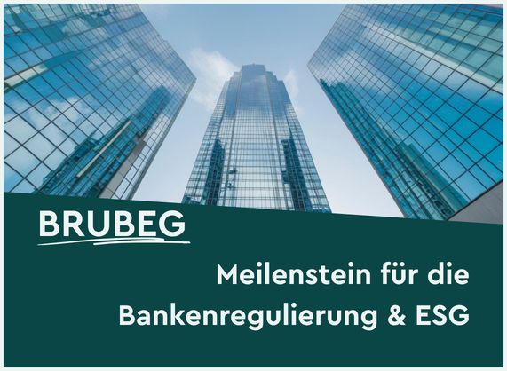 Bild mit weiter einstellung auf hochhäuser und Himmel. darunter ein weißer text auf grünem hintergrund mit "BRUBEG", "Meilenstein für die Bankenregulierung und ESG"