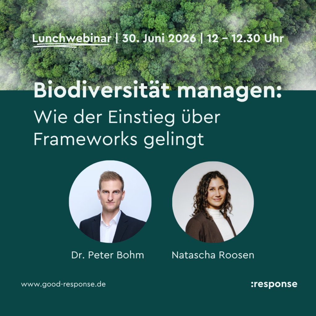 SEO-Alt-Text: Lunchwebinar Biodiversität managen am 30. Juni 2026: Einstieg in Biodiversitätsmanagement mit Frameworks für Unternehmen – Online-Event von :response mit Expert:innen